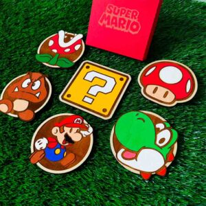 Set de 6 Porta-copos de Madeira Coloridos do Super Mario, Yoshi, Piranha Plant, Goomba, Mushroom, Mystery Box, Presente único Decoração Geek