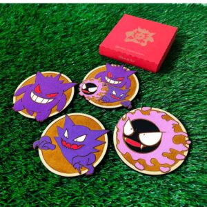 Set de 4 Porta-copos Coloridos de Madeira do Pokémon, ghastly, haunter, gengar, Presente único, Decoração Geek, Aniversário Nerd, Anime