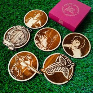 Set de 6 Porta-copos de Madeira do Hobbit, Presente Geek, Decoração para Casa, Gandalf, Bilbo, Frodo, Thorin, Porta Hobbit, Pin da Folha