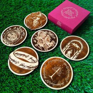 Set de 6 Porta-copos de Madeira do Senhor dos Anéis, Presente Geek, Decoração para Casa, Gandalf, LOTR, Hobbit, Durin Doors, Gondor Tree