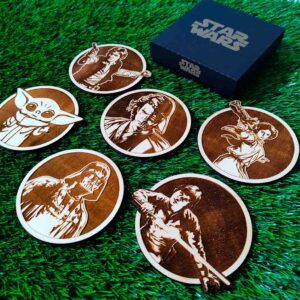 Set de 6 Porta-copos de Madeira do Star Wars, Luke Skywalker, Anakin, Princesa Leia, Baby Yoda, Darth Vader, Han Solo, Presente Geek, Nerd