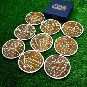 Kit de porta-copos do star wars, planetas, Geonosis, Dagobah, Tatooine, Endor, Coruscant, Hoth, Bespin, Kashyyyk e Naboo, wooden star wars themed coasters