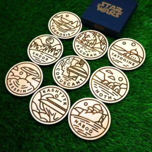 Kit de porta-copos do star wars, planetas, Geonosis, Dagobah, Tatooine, Endor, Coruscant, Hoth, Bespin, Kashyyyk e Naboo, wooden star wars themed coasters