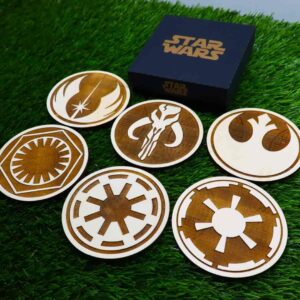 Kit de porta-copos do star wars, símbolos, Mandalorian | Rebel Alliance | Galactic Empire | Jedi Order | Galactic Republic | First Order, wooden star wars themed coasters