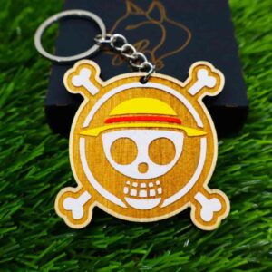 Chaveiro de madeira colorido com a logo do anime One Piece com caveira e chapéu de palha | Colorful wooden keychain with One Piece anime skull and straw hat logo